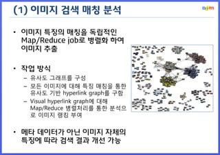 (1) 이미지 검색 매칭 분석

• 이미지 특징의 매칭을 독립적인
  Map/Reduce job로 병렬화 하여
  이미지 추출

• 작업 방식
  – 유사도 그래프를 구성
  – 모든 이미지에 대해 특징 매칭을 통한
    유사도 기반 hyperlink graph를 구함
  – Visual hyperlink graph에 대해
    Map/Reduce 병렬처리를 통한 분석으
    로 이미지 랭킹 부여


• 메타 데이터가 아닌 이미지 자체의
  특징에 따라 검색 결과 개선 가능
 