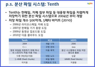 p.s. 분산 파일 시스템: Tenth
• Tenth는 한메일, 카페 첨부 파일 등 대용량 파일을 저렴하게
  저장하기 위한 분산 파일 시스템으로 2004년 부터 개발
• 저장 파일 개수 500억개, 5페타 바이트 (2010)
 –   2006년   라이코스메일, 카페 도입
 –   2007년   한메일 기가 용량 도입
 –   2009년   동영상 업로드팜 도입
 –   2010년   다음 클라우드 도입

             Tenth             비교             HDFS
             2004             개발 시작            2006
             C++              구현 언어            Java
  첨부 파일을 저장하기 위해 하나           이용 목적    분산 시스템에서 파일 저장
   의 스토리지 처럼 이용 가능                         용도로 활용
       다중 (MySQL이용)           네임 노드            싱글
      1~4MB (fixed chunks)    파일 형태     64MB (fixed blocks)
             미지원             디렉토리 구조          지원함
 