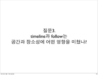 질문3.
                 timeline과 follow는
            공간과 장소성에 어떤 영향을 미쳤나?




2012년 3월 17일 토요일                     18
 