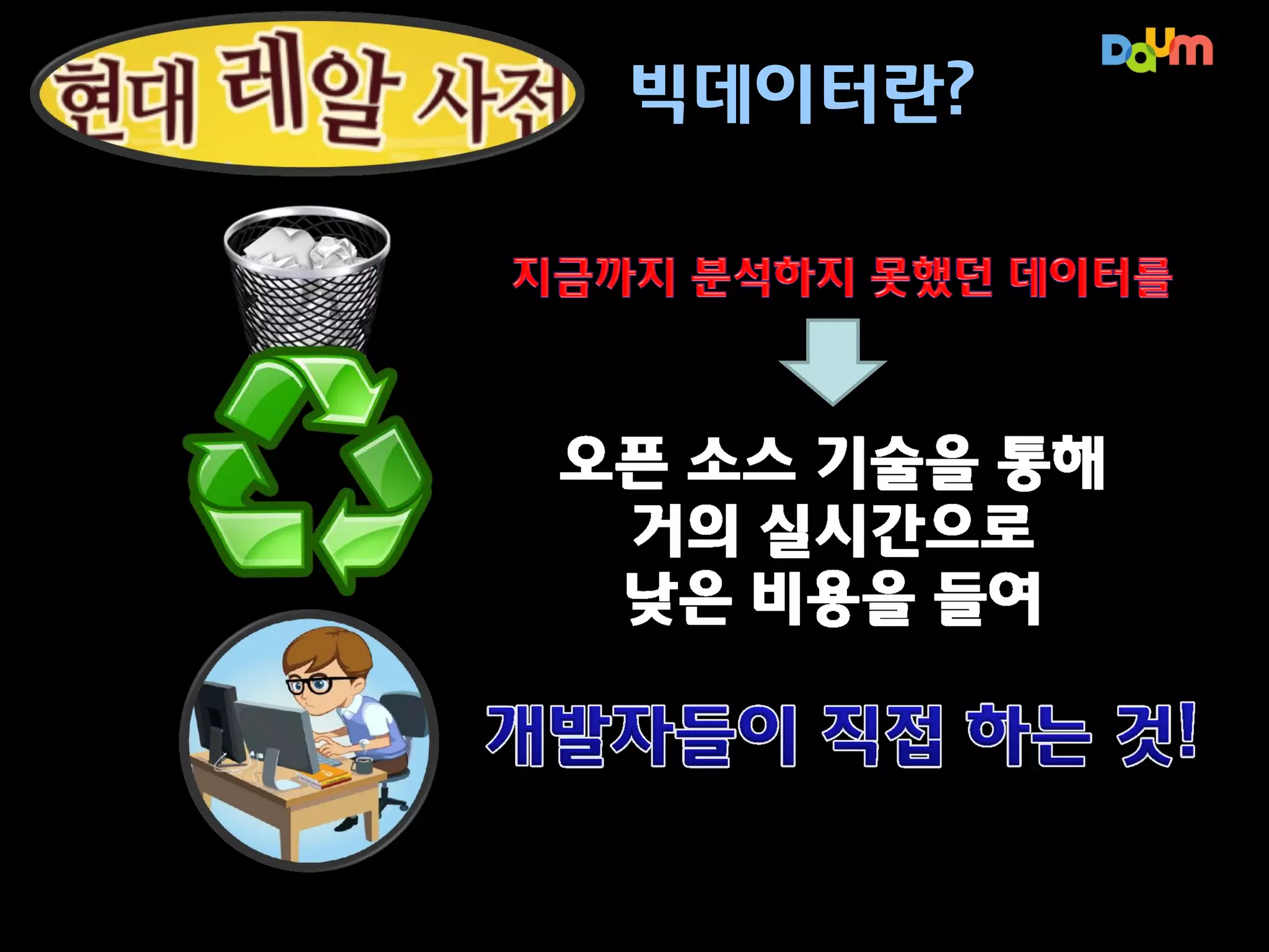 최근 BigData 기술 동향
비관계형(Non-releational)

시각화
D3js
Pentaho

Hadoop
Horton
Cloudera
MapR
Intel
EMC

관계형(Relational)

실시간
Storm/Shark
Apache S4/Kafka
Apache Drill
Apache Tazo

Teradata
Aster
EMC
Greenplum

IBM InfoSphere
HP Vertica
SAP Hana Oracle
SAP

Cloudera Impala
Google BigQuery

Oracle

IBMDB2

NewSQL

NoSQL
키/값
Redis
Membrain
BerkeleyDB

CouchBase
Cassandra

SQLServer

문서기반
CouchDB
MongoDB
빅테이블
HyperTable
Hbase

Data as a Service
AppEngine
Amazon RDS
SimpleDB
SQL Azure
그래프
FlockDB
Neo4j

Drizzle
MySQL Cluster
NimbusDB
ScaleBase
VoltDB

Modified © Inforchimps. 2012

 