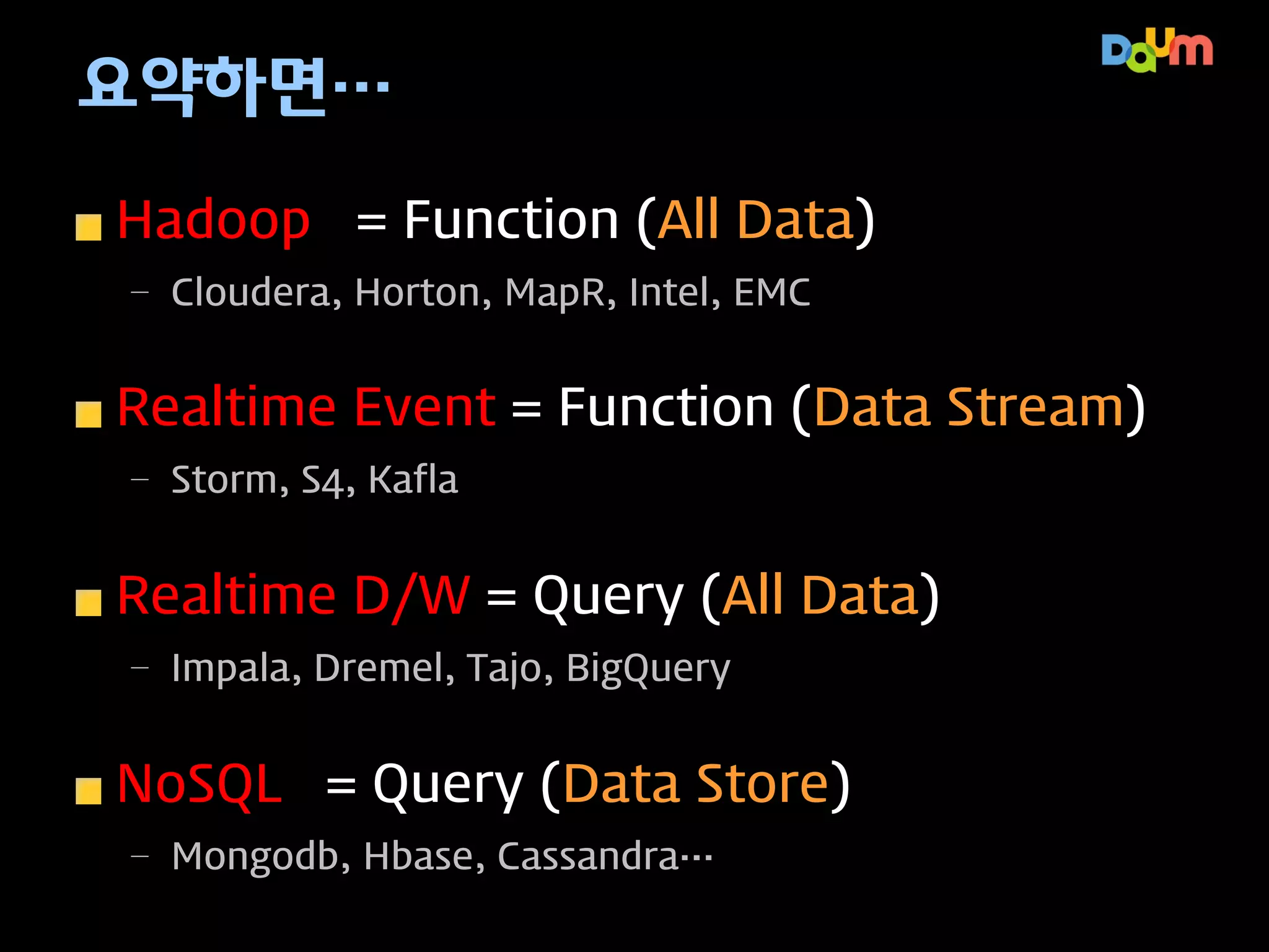 요약하면…
Hadoop = Function (All Data)
– Cloudera, Horton, MapR, Intel, EMC

Realtime Event = Function (Data Stream)
– Storm, S4, Kafla

SQL on Hadoop = Query (All Data)
– Impala, Dremel, Tajo, BigQuery

NoSQL = Query (Data Store)
– Mongodb, Hbase, Cassandra…

 