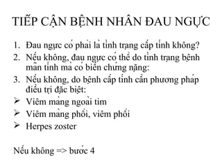 TIẾP CẬN BỆNH NHÂN ĐAU NGỰC
1. Đau ngực có phải là tình trạng cấp tính không?
2. Nếu không, đau ngực có thể do tình trạng bệnh
mãn tính mà có biến chứng nặng:
3. Nếu không, do bệnh cấp tính cần phương pháp
điều trị đặc biệt:
 Viêm màng ngoài tim
 Viêm màng phổi, viêm phổi
 Herpes zoster
Nếu không => bước 4
 