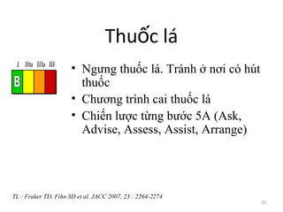 25
Thu c láố
• Ngưng thuốc lá. Tránh ở nơi có hút
thuốc
• Chương trình cai thuốc lá
• Chiến lược từng bước 5A (Ask,
Advise, Assess, Assist, Arrange)
III IIaIIaIIa IIbIIbIIb IIIIIIIIIIII IIaIIaIIa IIbIIbIIb IIIIIIIIIIII IIaIIaIIa IIbIIbIIb IIIIIIIIIIIaIIaIIa IIbIIbIIb IIIIIIIII
TL : Fraker TD, Fihn SD et al. JACC 2007, 23 : 2264-2274
 