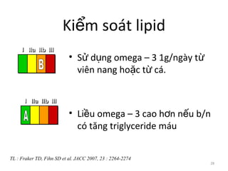 28
Ki m soát lipidể
• S d ng omega – 3 1g/ngày tử ụ ừ
viên nang ho c t cá.ặ ừ
• Li u omega – 3 cao h n n u b/nề ơ ế
có tăng triglyceride máu
III IIaIIaIIa IIbIIbIIb IIIIIIIIIIII IIaIIaIIa IIbIIbIIb IIIIIIIIIIII IIaIIaIIa IIbIIbIIb IIIIIIIIIIIaIIaIIa IIbIIbIIb IIIIIIIII
III IIaIIaIIa IIbIIbIIb IIIIIIIIIIII IIaIIaIIa IIbIIbIIb IIIIIIIIIIII IIaIIaIIa IIbIIbIIb IIIIIIIIIIIaIIaIIa IIbIIbIIb IIIIIIIII
TL : Fraker TD, Fihn SD et al. JACC 2007, 23 : 2264-2274
 