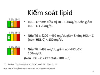 29
Ki m soát lipidể
• LDL – C tr c đi u tr 70 – 100mg/dL: c n gi mướ ề ị ầ ả
LDL – C < 70mg/dL
• N u TGế ∈ [200 – 499 mg/dL gi m không HDL – Cả
(non- HDL-C) < 130 mg/dL
• N u TG > 499 mg/dL, gi m non-HDL-C <ế ả
100mg/dL
(Non HDL – C = CT total – HDL – C)
III IIaIIaIIa IIbIIbIIb IIIIIIIIIIII IIaIIaIIa IIbIIbIIb IIIIIIIIIIII IIaIIaIIa IIbIIbIIb IIIIIIIIIIIaIIaIIa IIbIIbIIb IIIIIIIII
III IIaIIaIIa IIbIIbIIb IIIIIIIIIIII IIaIIaIIa IIbIIbIIb IIIIIIIIIIII IIaIIaIIa IIbIIbIIb IIIIIIIIIIIaIIaIIa IIbIIbIIb IIIIIIIII
III IIaIIaIIa IIbIIbIIb IIIIIIIIIIII IIaIIaIIa IIbIIbIIb IIIIIIIIIIII IIaIIaIIa IIbIIbIIb IIIIIIIIIIIaIIaIIa IIbIIbIIb IIIIIIIII
TL : Fraker TD, Fihn SD et al. JACC 2007, 23 : 2264-2274
Non HDL-C bao g m= LDL-C; IDL-C; VLDL-C; Chylomicron; Lp (a)ồ
 