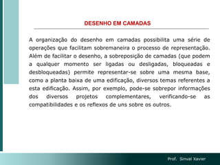 DESENHO EM CAMADAS
A organização do desenho em camadas possibilita uma série de
operações que facilitam sobremaneira o processo de representação.
Além de facilitar o desenho, a sobreposição de camadas (que podem
a qualquer momento ser ligadas ou desligadas, bloqueadas e
desbloqueadas) permite representar-se sobre uma mesma base,
como a planta baixa de uma edificação, diversos temas referentes a
esta edificação. Assim, por exemplo, pode-se sobrepor informações
dos diversos projetos complementares, verificando-se as
compatibilidades e os reflexos de uns sobre os outros.
Prof. Sinval Xavier
 