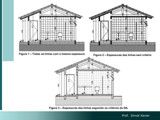 Prof. Sinval Xavier
Figura 1 – Todas as linhas com a mesma espessura Figura 2 – Espessuras das linhas sem critério
Figura 3 – Espessuras das linhas seguindo os critérios do DA.
 