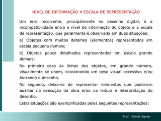 NÍVEL DE INFORMAÇÃO X ESCALA DE REPRESENTAÇÃO
Um erro recorrente, principalmente no desenho digital, é a
incompatibilidade entre o nível de informação do objeto e a escala
de representação, que geralmente é observado em duas situações:
a) Objetos com muitos detalhes (elementos) representados em
escala pequena demais;
b) Objetos pouco detalhados representados em escala grande
demais;
No primeiro caso as linhas dos objetos, em grande número,
visualmente se unem, ocasionando um peso visual excessivo e/ou
borrando o desenho.
No segundo, deixa-se de representar elementos que poderiam
auxiliar na execução da obra e/ou na leitura e interpretação do
desenho.
Estas situações são exemplificadas pelas seguintes representações:
Prof. Sinval Xavier
 
