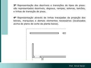3º Representação dos desníveis e transições de tipos de pisos:
são representados desníveis, degraus, rampas, soleiras, balcões,
e linhas de transição de pisos.
4º Representação através de linhas tracejadas da projeção dos
beirais, marquises e demais elementos necessários (localizados
acima do plano de corte da planta baixa).
Prof. Sinval Xavier
 
