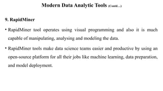 Modern Data Analytic Tools (Contd…)
9. RapidMiner
• RapidMiner tool operates using visual programming and also it is much
capable of manipulating, analysing and modeling the data.
• RapidMiner tools make data science teams easier and productive by using an
open-source platform for all their jobs like machine learning, data preparation,
and model deployment.
 