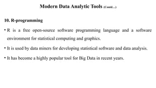 Modern Data Analytic Tools (Contd…)
10. R-programming
• R is a free open-source software programming language and a software
environment for statistical computing and graphics.
• It is used by data miners for developing statistical software and data analysis.
• It has become a highly popular tool for Big Data in recent years.
 