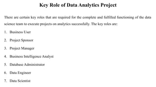 Key Role of Data Analytics Project
There are certain key roles that are required for the complete and fulfilled functioning of the data
science team to execute projects on analytics successfully. The key roles are:
1. Business User
2. Project Sponsor
3. Project Manager
4. Business Intelligence Analyst
5. Database Administrator
6. Data Engineer
7. Data Scientist
 
