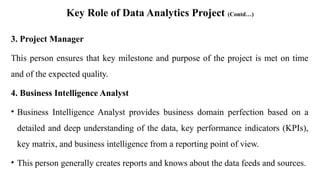Key Role of Data Analytics Project (Contd…)
3. Project Manager
This person ensures that key milestone and purpose of the project is met on time
and of the expected quality.
4. Business Intelligence Analyst
• Business Intelligence Analyst provides business domain perfection based on a
detailed and deep understanding of the data, key performance indicators (KPIs),
key matrix, and business intelligence from a reporting point of view.
• This person generally creates reports and knows about the data feeds and sources.
 