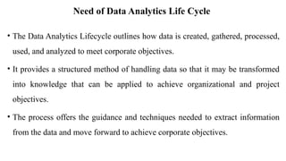 Need of Data Analytics Life Cycle
• The Data Analytics Lifecycle outlines how data is created, gathered, processed,
used, and analyzed to meet corporate objectives.
• It provides a structured method of handling data so that it may be transformed
into knowledge that can be applied to achieve organizational and project
objectives.
• The process offers the guidance and techniques needed to extract information
from the data and move forward to achieve corporate objectives.
 
