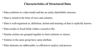 Characteristics of Structured Data
• Data conforms to a data model and has an easily identifiable structure.
• Data is stored in the form of rows and columns.
• Data is well-organised so, definition, format and meaning of data is explicitly known.
• Data resides in fixed fields within a record or file.
• Similar entities are grouped together to form relations or classes.
• Entities in the same group have same attribute.
• Data elements are addressable, so efficient to analyse and process.
 