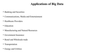 Applications of Big Data
• Banking and Securities
• Communications, Media and Entertainment
• Healthcare Providers
• Education
• Manufacturing and Natural Resources
• Government Insurance
• Retail and Wholesale trade
• Transportation
• Energy and Utilities
 
