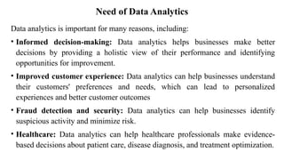 Need of Data Analytics
Data analytics is important for many reasons, including:
• Informed decision-making: Data analytics helps businesses make better
decisions by providing a holistic view of their performance and identifying
opportunities for improvement.
• Improved customer experience: Data analytics can help businesses understand
their customers' preferences and needs, which can lead to personalized
experiences and better customer outcomes
• Fraud detection and security: Data analytics can help businesses identify
suspicious activity and minimize risk.
• Healthcare: Data analytics can help healthcare professionals make evidence-
based decisions about patient care, disease diagnosis, and treatment optimization.
 