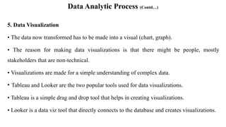 Data Analytic Process (Contd…)
5. Data Visualization
• The data now transformed has to be made into a visual (chart, graph).
• The reason for making data visualizations is that there might be people, mostly
stakeholders that are non-technical.
• Visualizations are made for a simple understanding of complex data.
• Tableau and Looker are the two popular tools used for data visualizations.
• Tableau is a simple drag and drop tool that helps in creating visualizations.
• Looker is a data viz tool that directly connects to the database and creates visualizations.
 