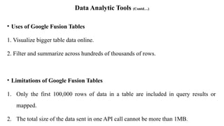 Data Analytic Tools (Contd…)
• Uses of Google Fusion Tables
1. Visualize bigger table data online.
2. Filter and summarize across hundreds of thousands of rows.
• Limitations of Google Fusion Tables
1. Only the first 100,000 rows of data in a table are included in query results or
mapped.
2. The total size of the data sent in one API call cannot be more than 1MB.
 