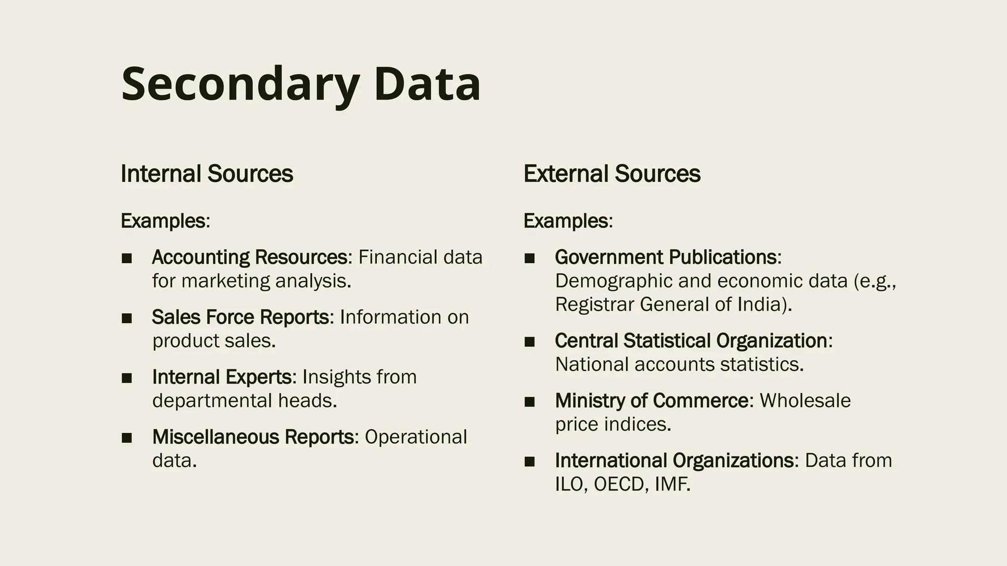 Secondary Data
Internal Sources
Examples:
■ Accounting Resources: Financial data
for marketing analysis.
■ Sales Force Reports: Information on
product sales.
■ Internal Experts: Insights from
departmental heads.
■ Miscellaneous Reports: Operational
data.
External Sources
Examples:
■ Government Publications:
Demographic and economic data (e.g.,
Registrar General of India).
■ Central Statistical Organization:
National accounts statistics.
■ Ministry of Commerce: Wholesale
price indices.
■ International Organizations: Data from
ILO, OECD, IMF.
 
