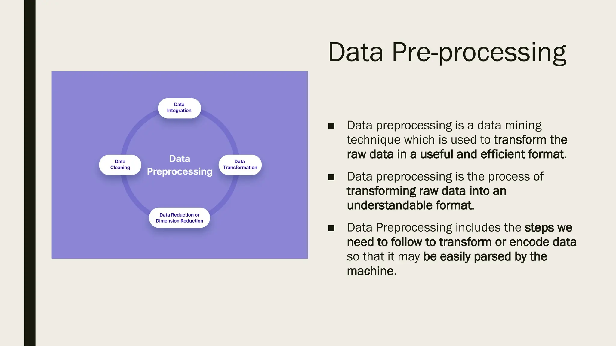 Data Pre-processing
■ Data preprocessing is a data mining
technique which is used to transform the
raw data in a useful and efficient format.
■ Data preprocessing is the process of
transforming raw data into an
understandable format.
■ Data Preprocessing includes the steps we
need to follow to transform or encode data
so that it may be easily parsed by the
machine.
 