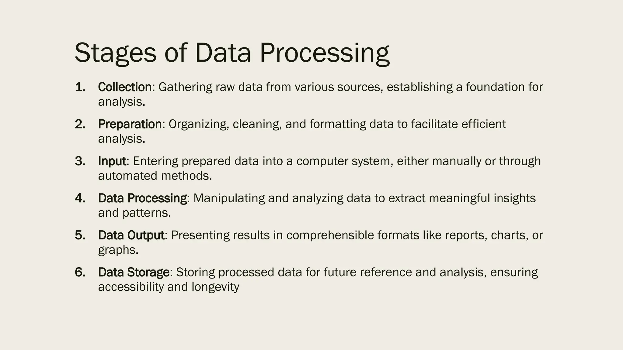 Stages of Data Processing
1. Collection: Gathering raw data from various sources, establishing a foundation for
analysis.
2. Preparation: Organizing, cleaning, and formatting data to facilitate efficient
analysis.
3. Input: Entering prepared data into a computer system, either manually or through
automated methods.
4. Data Processing: Manipulating and analyzing data to extract meaningful insights
and patterns.
5. Data Output: Presenting results in comprehensible formats like reports, charts, or
graphs.
6. Data Storage: Storing processed data for future reference and analysis, ensuring
accessibility and longevity
 