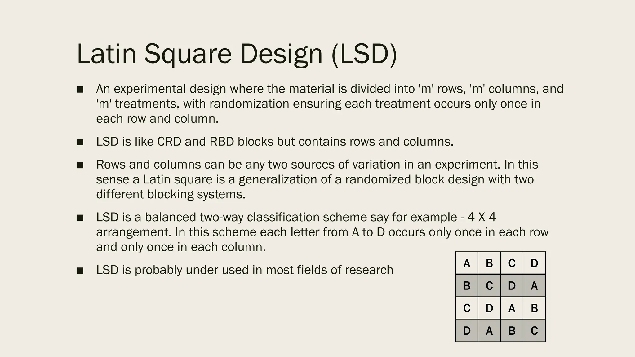 Latin Square Design (LSD)
■ An experimental design where the material is divided into 'm' rows, 'm' columns, and
'm' treatments, with randomization ensuring each treatment occurs only once in
each row and column.
■ LSD is like CRD and RBD blocks but contains rows and columns.
■ Rows and columns can be any two sources of variation in an experiment. In this
sense a Latin square is a generalization of a randomized block design with two
different blocking systems.
■ LSD is a balanced two-way classification scheme say for example - 4 X 4
arrangement. In this scheme each letter from A to D occurs only once in each row
and only once in each column.
■ LSD is probably under used in most fields of research
A B C D
B C D A
C D A B
D A B C
 