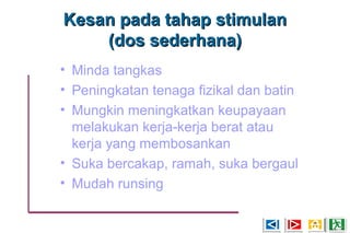 Kesan pada tahap stimulanKesan pada tahap stimulan
(dos sederhana)(dos sederhana)
• Minda tangkas
• Peningkatan tenaga fizikal dan batin
• Mungkin meningkatkan keupayaan
melakukan kerja-kerja berat atau
kerja yang membosankan
• Suka bercakap, ramah, suka bergaul
• Mudah runsing
 