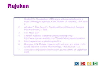 RujukanRujukan
1. Shellard EJ. The alkaloids of Mitragyna with special reference to
those of Mitragyna speciosa, Korth. Bulletin on Narcotics, 1974 issue
2.
2. Atthakor P. Role Seen For Traditional Herbal Stimulant. Bangkok
Post November 27, 1999.
3. S.S. Yoga, 2004
4. Shaman Australis. Mitragyna speciosa catalog entry:
http://www.shaman-australis.com/Website/Mitragynaspeciosa.htm
5. http://sagewisdom.org/kratomguide.html
6. Bhargava, H.N. Multiple opiate receptors of brain and spinal cord in
opiate addiction. General Pharmacology, 1991;22(5):767-72.
7. www.erowid.org/plants/kratom/kratom_journal3.shtml 24 September
2005.
 