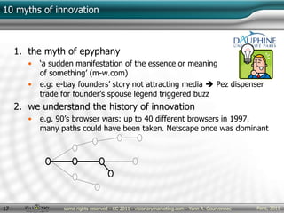 Paris, 2011some rights reserved - CC 2011 - visionarymarketing.com - Yann A. Gourvennec17
10 myths of innovation
1. the myth of epyphany
• ‘a sudden manifestation of the essence or meaning
of something’ (m-w.com)
• e.g: e-bay founders’ story not attracting media  Pez dispenser
trade for founder’s spouse legend triggered buzz
2. we understand the history of innovation
• e.g. 90’s browser wars: up to 40 different browsers in 1997.
many paths could have been taken. Netscape once was dominant
 