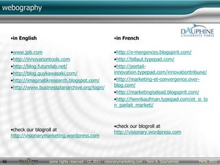 Paris, 2011some rights reserved - CC 2011 - visionarymarketing.com - Yann A. Gourvennec46
webography
•in English
•www.jpb.com
•http://innovationtools.com
•http://blog.futurelab.net/
•http://blog.guykawasaki.com/
•http://imaginatikresearch.blogspot.com/
•http://www.businessplanarchive.org/login/
•check our blogroll at
http://visionarymarketing.wordpress.com
•in French
•http://e-mergences.blogspirit.com/
•http://billaut.typepad.com/
•http://portail-
innovation.typepad.com/innovationtribune/
•http://marketing-et-convergence.over-
blog.com/
•http://marketingisdead.blogspirit.com/
•http://henrikaufman.typepad.com/et_si_lo
n_parlait_marketi/
•check our blogroll at
http://visionary.wordpress.com
 