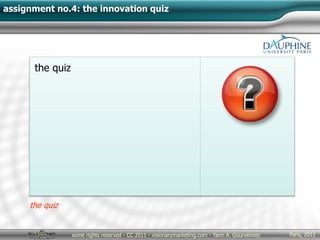 Paris, 2011some rights reserved - CC 2011 - visionarymarketing.com - Yann A. Gourvennec
assignment no.4: the innovation quiz
the quiz
the quiz
 