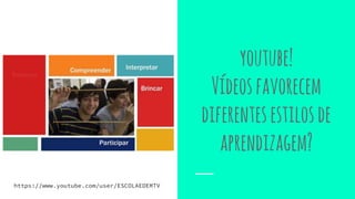youtube!
Vídeosfavorecem
diferentesestilosde
aprendizagem?
https://www.youtube.com/user/ESCOLAEDEMTV
 