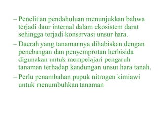 Penelitian pendahuluan menunjukkan bahwa terjadi daur internal dalam ekosistem darat sehingga terjadi konservasi unsur hara. Daerah yang tanamannya dihabiskan dengan penebangan dan penyemprotan herbisida digunakan untuk mempelajari pengaruh tanaman terhadap kandungan unsur hara tanah. Perlu penambahan pupuk nitrogen kimiawi untuk menumbuhkan tanaman 