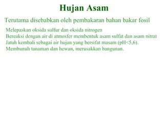 Hujan Asam Terutama disebabkan oleh pembakaran bahan bakar fosil Melepaskan oksida sulfur dan oksida nitrogen Bereaksi dengan air di atmosfer membentuk asam sulfat dan asam nitrat Jatuh kembali sebagai air hujan yang bersifat masam (pH<5,6).  Membunuh tanaman dan hewan, merusakkan bangunan. 