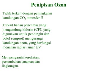 Penipisan Ozon Tidak terkait dengan peningkatan kandungan CO 2  atmosfer !! Terkait bahan pencemar yang mengandung khlorin (CFC yang digunakan untuk pendingin dan botol semprot) mengurangi kandungan ozon, yang berfungsi menahan radiasi sinar UV Mempengaruhi kesehatan, pertumbuhan tanaman dan lingkungan. 