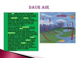 



Daur air ialah sirkulasi yang tidak
pernah berhenti dari air yang di bumi
dimana air mampu berpindah-pindah
dari daratan, lalu ke udara lalu
kedaratan lagi, dan air pun mampu
tersimpan didasar permukan dengan 3
fase yaitu cair yang berbentuk air,
padat yang berbentuk es, dan gas
yang berbentuk udara.
Uap air terdapat di atmosfir, uap air
berasal dari air laut dan air daratan
yang menguap karena akibat
terkenanya panas yang berasal dari
matahari. Namun pada umumnya uap
air yang ada diatmosfir hanya terdapat
di uapan air laut, sebab luas laut
mencapai ¾ luas permukaan bumi.
Terkondensasinya uap air di atmosfir
akan merubah menjadi awan, yang
akhirnya awan-awan tersebut akan
berubah menjadi hujan, air hujan
yang telah turun dimuka bumi akan
masuk kedalam tanah, dan pada
akhirnya air tanah ini akan terbentuk
menjadi air tanah air tanah
permukaan.

 