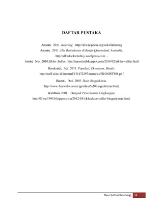 Daur Sulfur (Belerang) 14 
DAFTAR PUSTAKA 
Anonim. 2011. Belerang . http://id.wikipedia.org/wiki/Belerang 
Anonim. 2011. Hiu Berkeliaran di Banjir Queensland Australia. 
http://alfredoelectroboy.wordpress.com , 
Astrini, Nur. 2010.Siklus Sulfur. http://nurastini.blogspot.com/2010/02/siklus-sulfur.html 
Basukriadi, Adi. 2011. Populasi, Ekosistem, Biosfir. 
http://staff.ui.ac.id/internal/131472297/material/EKOSISTEM.pdf 
Riastuti, Dwi. 2005. Daur Biogeokimia. 
http://www.freewebs.com/ciget/daur%20biogeokimia.html, 
Wardhana.2001. Dampak Pencemaran Lingkungan. 
http://05mei1995.blogspot.com/2012/05/siklusdaur-sulfur-biogeokimia.html, 
