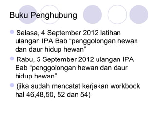 Buku Penghubung
Selasa, 4 September 2012 latihan
ulangan IPA Bab “penggolongan hewan
dan daur hidup hewan”
Rabu, 5 September 2012 ulangan IPA
Bab “penggolongan hewan dan daur
hidup hewan”
(jika sudah mencatat kerjakan workbook
hal 46,48,50, 52 dan 54)

 