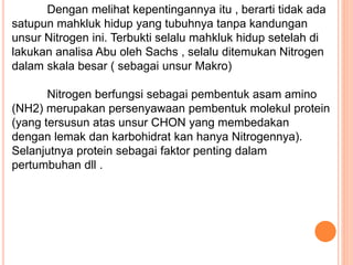 Dengan melihat kepentingannya itu , berarti tidak ada
satupun mahkluk hidup yang tubuhnya tanpa kandungan
unsur Nitrogen ini. Terbukti selalu mahkluk hidup setelah di
lakukan analisa Abu oleh Sachs , selalu ditemukan Nitrogen
dalam skala besar ( sebagai unsur Makro)
Nitrogen berfungsi sebagai pembentuk asam amino
(NH2) merupakan persenyawaan pembentuk molekul protein
(yang tersusun atas unsur CHON yang membedakan
dengan lemak dan karbohidrat kan hanya Nitrogennya).
Selanjutnya protein sebagai faktor penting dalam
pertumbuhan dll .
 