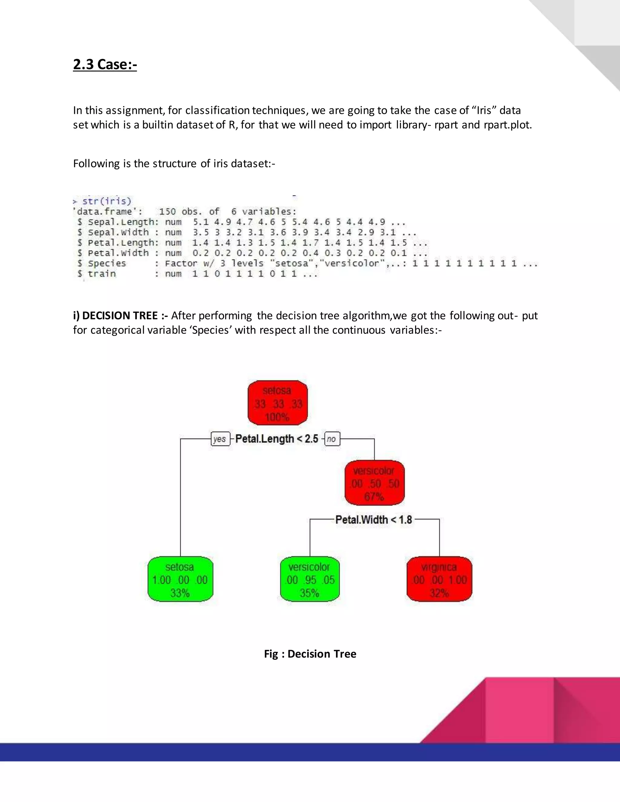 2.3 Case:-
In this assignment, for classification techniques, we are going to take the case of “Iris” data
set which is a builtin dataset of R, for that we will need to import library- rpart and rpart.plot.
Following is the structure of iris dataset:-
i) DECISION TREE :- After performing the decision tree algorithm,we got the following out- put
for categorical variable ‘Species’ with respect all the continuous variables:-
Fig : Decision Tree
 