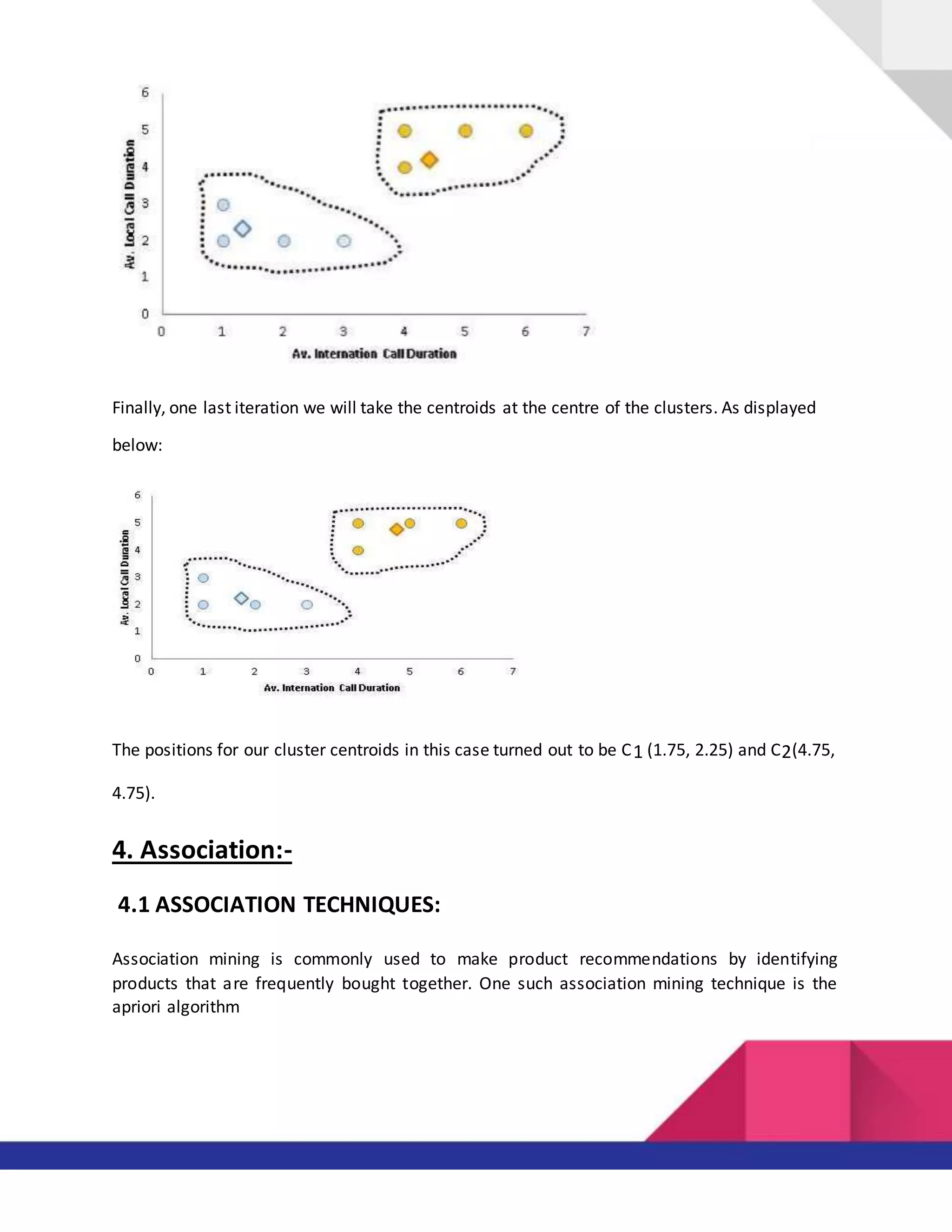 Finally, one last iteration we will take the centroids at the centre of the clusters. As displayed
below:
The positions for our cluster centroids in this case turned out to be C1 (1.75, 2.25) and C2(4.75,
4.75).
4. Association:-
4.1 ASSOCIATION TECHNIQUES:
Association mining is commonly used to make product recommendations by identifying
products that are frequently bought together. One such association mining technique is the
apriori algorithm
 
