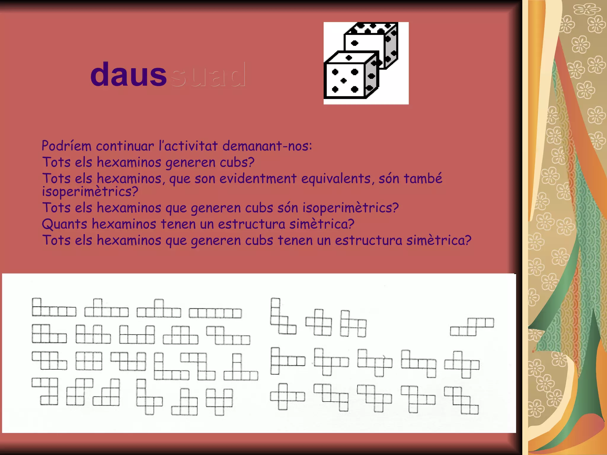 daus suad Podríem continuar l’activitat demanant-nos: Tots els  h examinos generen cubs? Tots els  h examinos, que son evidentment equivalents, són també isoperimètrics? Tots els  h examinos que generen cubs són isoperimètrics? Quants  h examinos tenen un estructura simètrica? Tots els hexaminos que generen cubs tenen un estructura simètrica? 