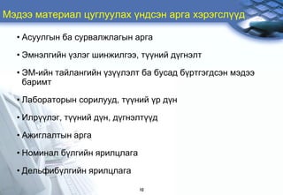 Ìýäýý ìàòåðèàë öóãëóóëàõ ¿íäñýí àðãà õýðýãñë¿¿ä

  • Àñóóëãûí áà ñóðâàëæëàãûí àðãà

  • Ýìíýëãèéí ¿çëýã øèíæèëãýý, ò¿¿íèé ä¿ãíýëò

  • ÝÌ-èéí òàéëàíãèéí ¿ç¿¿ëýëò áà áóñàä á¿ðòãýãäñýí ìýäýý
    áàðèìò

  • Ëàáîðàòîðûí ñîðèëóóä, ò¿¿íèé ¿ð ä¿í

  • Èëð¿¿ëýã, ò¿¿íèé ä¿í, ä¿ãíýëò¿¿ä

  • Àæèãëàëòûí àðãà

  • Íîìèíàë á¿ëãèéí ÿðèëöëàãà

  • Äåëüôèá¿ëãèéí ÿðèëöëàãà

                                10
 