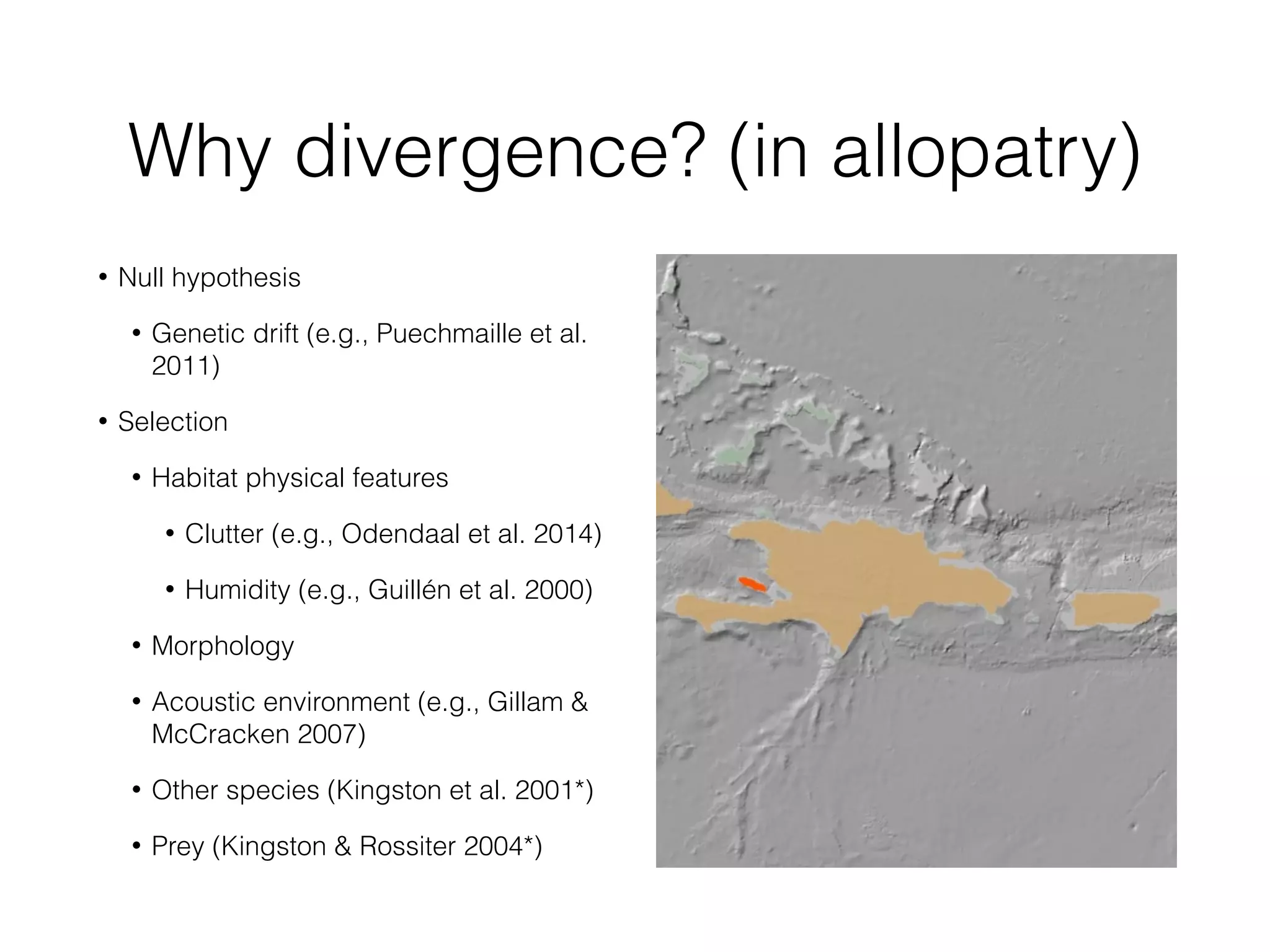 Why divergence? (in allopatry)
• Null hypothesis
• Genetic drift (e.g., Puechmaille et al.
2011)
• Selection
• Habitat physical features
• Clutter (e.g., Odendaal et al. 2014)
• Humidity (e.g., Guillén et al. 2000)
• Morphology
• Acoustic environment (e.g., Gillam &
McCracken 2007)
• Other species (Kingston et al. 2001*)
• Prey (Kingston & Rossiter 2004*)