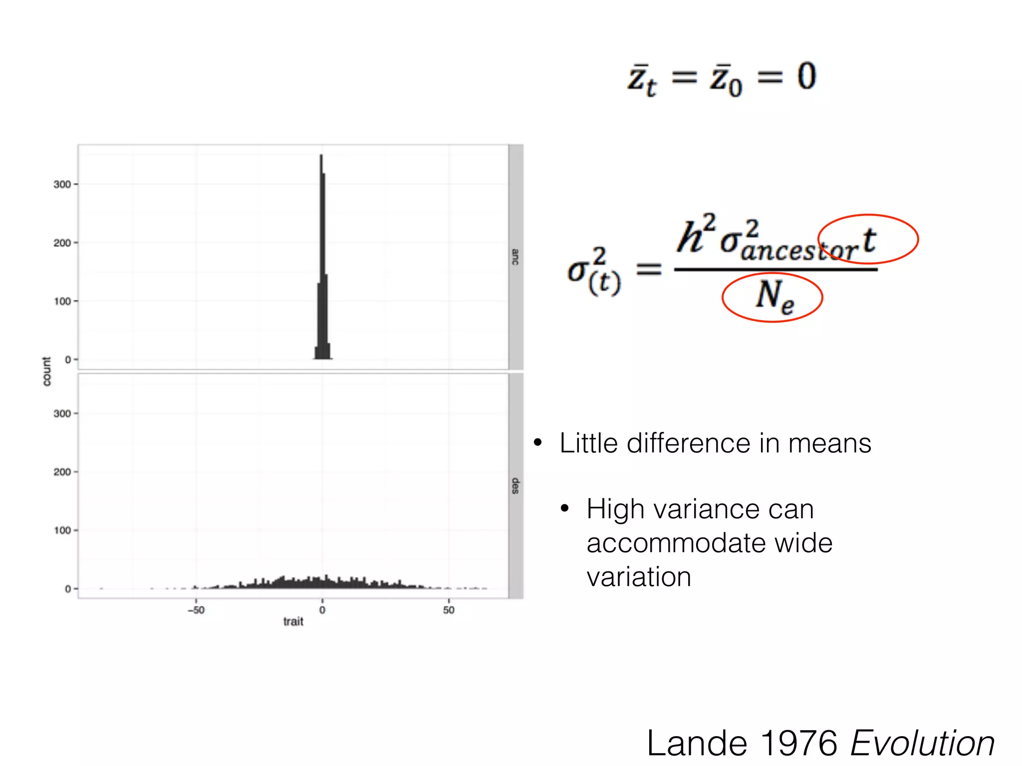 Lande 1976 Evolution
• Little difference in means
• High variance can
accommodate wide
variation