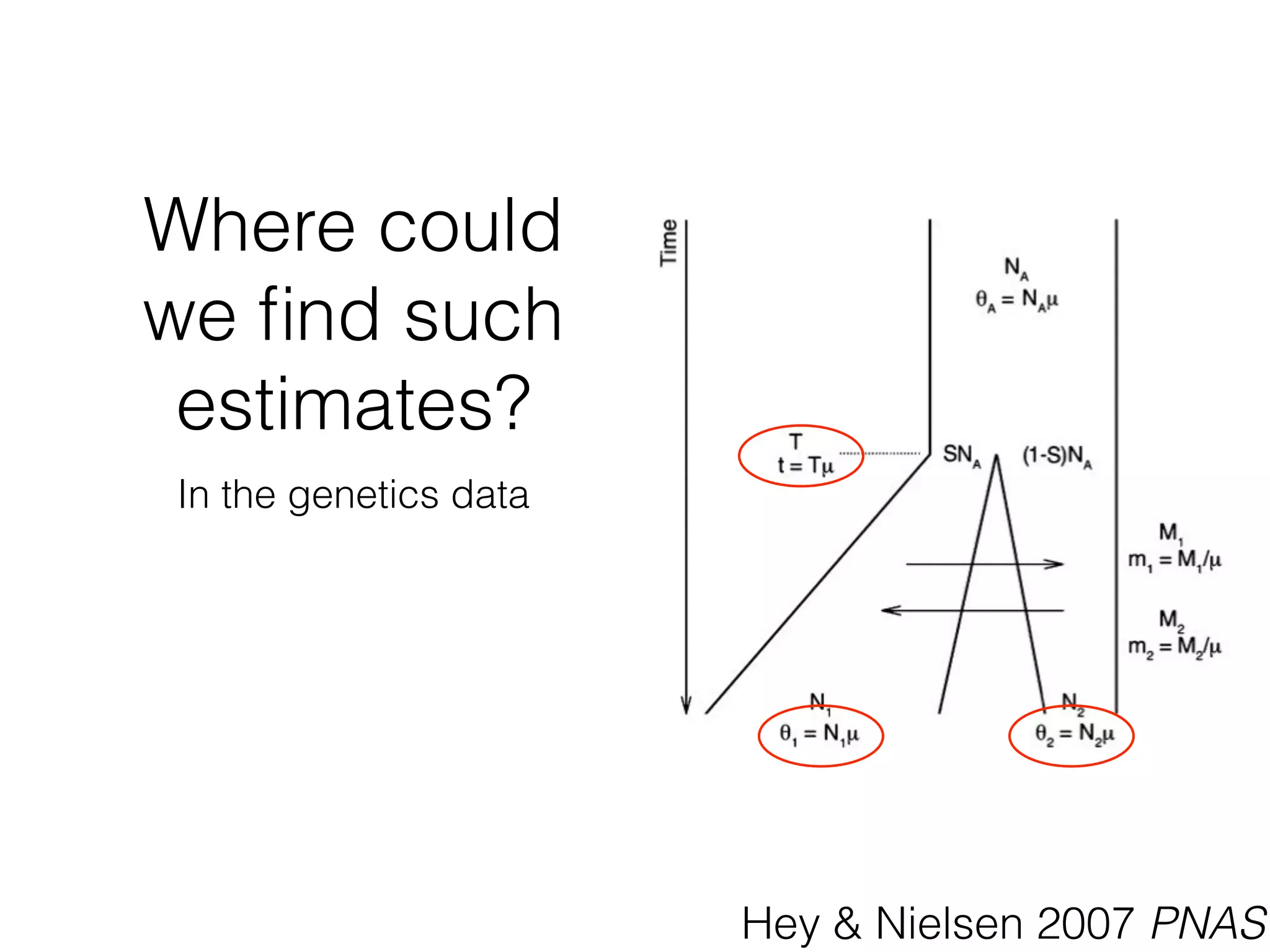 Where could
we find such
estimates?
In the genetics data
Hey & Nielsen 2007 PNAS