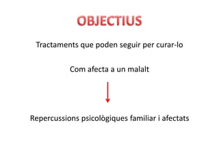 Tractaments que poden seguir per curar-lo

           Com afecta a un malalt




Repercussions psicològiques familiar i afectats
 