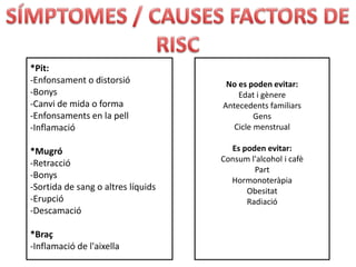 *Pit:
-Enfonsament o distorsió             No es poden evitar:
-Bonys                                  Edat i gènere
-Canvi de mida o forma              Antecedents familiars
-Enfonsaments en la pell                     Gens
-Inflamació                            Cicle menstrual

*Mugró                                Es poden evitar:
-Retracció                          Consum l'alcohol i cafè
                                            Part
-Bonys
                                      Hormonoteràpia
-Sortida de sang o altres líquids         Obesitat
-Erupció                                  Radiació
-Descamació

*Braç
-Inflamació de l'aixella
 