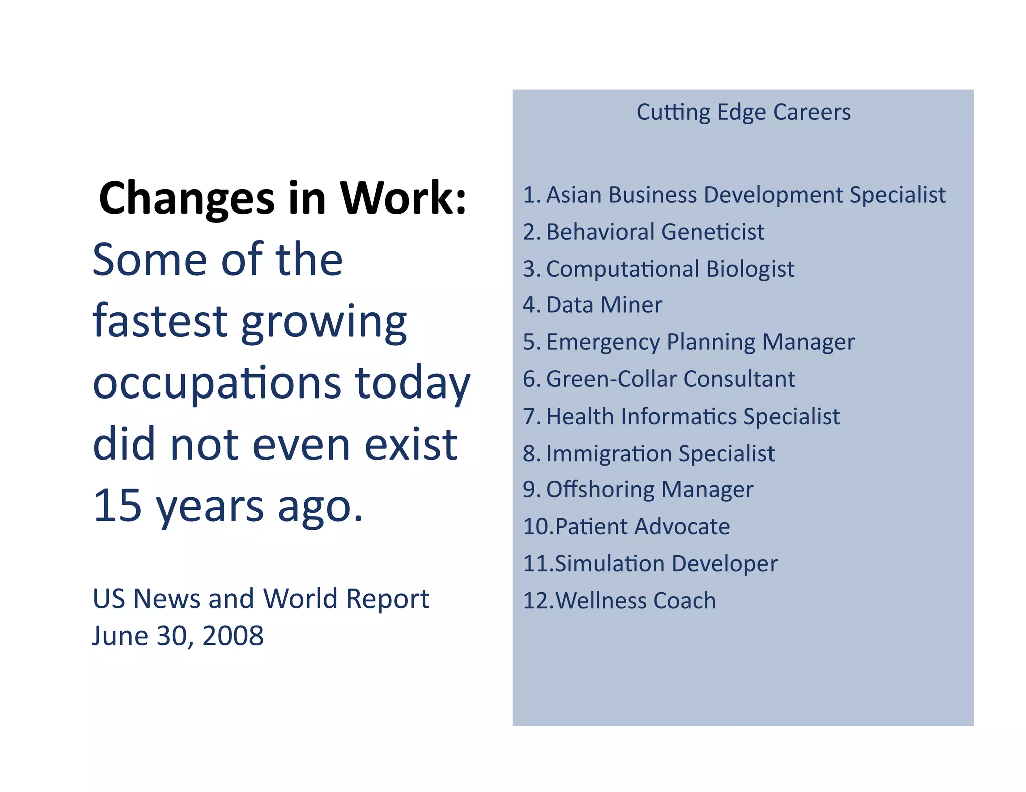 Culng	
  Edge	
  Careers	
  


Changes	
  in	
  Work:	
                       1. Asian	
  Business	
  Development	
  Specialist	
  	
  
                                               2. Behavioral	
  Gene?cist	
  	
  
Some	
  of	
  the	
                            3. Computa?onal	
  Biologist	
  	
  

fastest	
  growing	
                           4. Data	
  Miner	
  	
  
                                               5. Emergency	
  Planning	
  Manager	
  	
  
occupa?ons	
  today	
                          6. Green-­‐Collar	
  Consultant	
  	
  
                                               7. Health	
  Informa?cs	
  Specialist	
  	
  
did	
  not	
  even	
  exist	
                  8. Immigra?on	
  Specialist	
  	
  

15	
  years	
  ago.	
                          9. Oﬀshoring	
  Manager	
  	
  
                                               10. Pa?ent	
  Advocate	
  	
  
                                               11. Simula?on	
  Developer	
  	
  
US	
  News	
  and	
  World	
  Report	
  	
     12. Wellness	
  Coach	
  	
  
June	
  30,	
  2008	
  
 